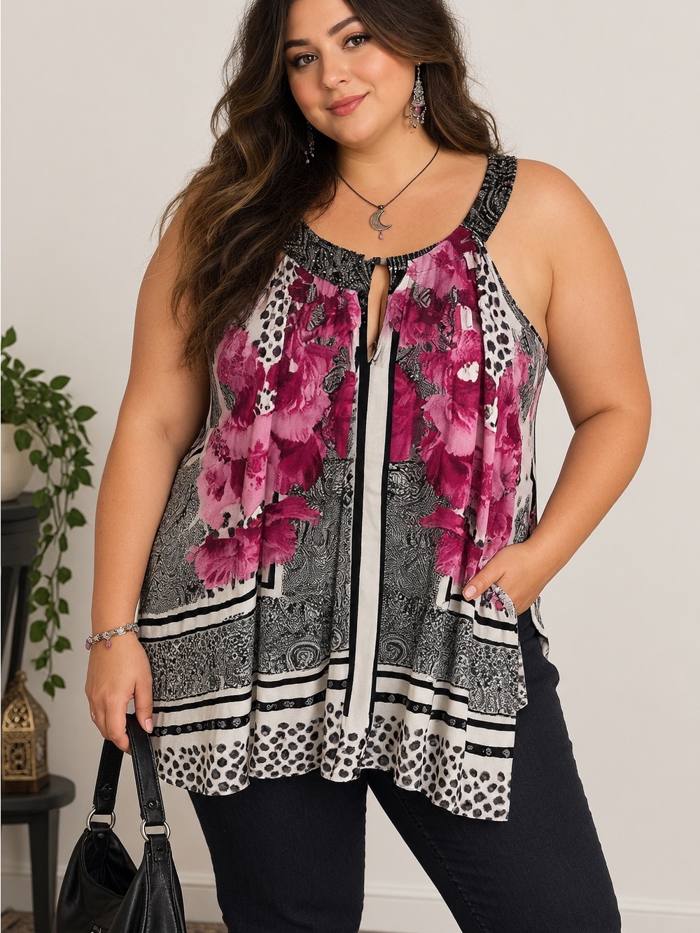 INC International Concepts Pink Flowy Floral Paisley Sleeveless Tunic Top